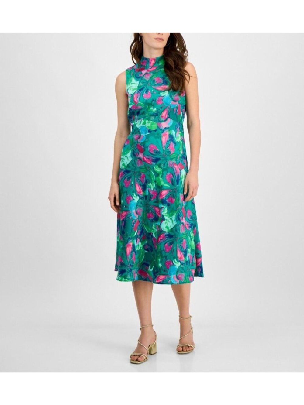 Tahari ASL Midi Dress Jade Rose Print Sleeveless Mock Neck Lined Size US 12 NWT
